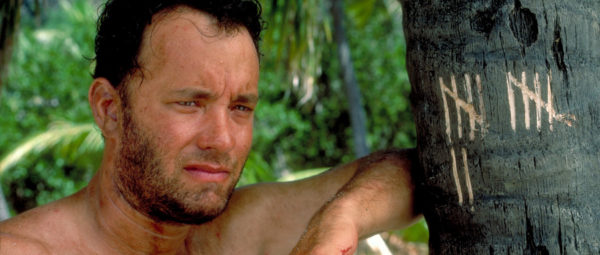 Tom Hanks nas gravações de Náufrago, nas primeiras semanas na ilha.